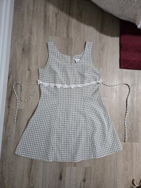 Plaid Floral-Waist Kids Dress in Beige